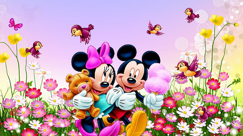 HD-wallpaper-mikey-and-minnie-summer-fun-animated-flowers-birds-summer-mickey-mouse-minnie-mouse-spring-firefox-theme-cartoons-disney