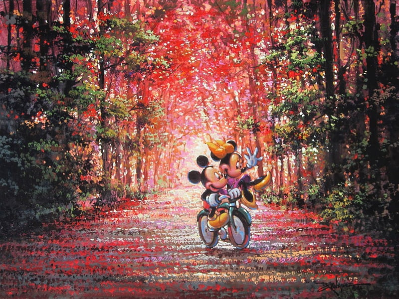 HD-wallpaper-bike-ride-in-autumn-mickey-disney-bicycle-mickey-mouse-painting-minnie-mouse-minnie-rodel-gonz